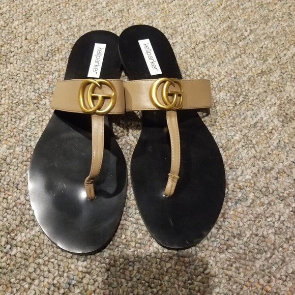 Kellparker Brielle Tan Sandals  Women’s Size 9.5 Gold GG Logo Embellishment Shoe - Picture 7 of 13